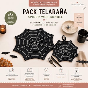 Puede incluir: Un paquete de patrón de costura en PDF titulado Pack Telaraña Spider Web Bundle que incluye instrucciones para un salvamantel y un agarrador negros con diseños de telaraña cosidos en blanco. El documento digital incluye texto e iconos.