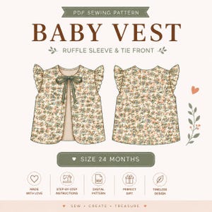 Puede incluir: Un patrón de costura en PDF para un chaleco de bebé con mangas de volantes y lazo frontal. La ilustración muestra vistas frontal y trasera de un chaleco con estampado floral en talla 24 meses. El texto incluye PDF SEWING PATTERN, BABY VEST.