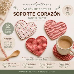 Puede incluir: Un patrón de costura para posavasos y salvamanteles en forma de corazón de Munest Patterns. La imagen muestra tres piezas de tela acolchadas en forma de corazón con lunares, rayas y cuadros rojos y blancos, con una taza sobre un posavasos.