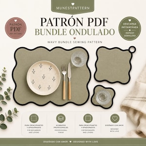 Puede incluir: Un paquete de patrones de costura digitales titulado PATRÓN PDF BUNDLE ONDULADO WAVY BUNDLE SEWING PATTERN. La imagen muestra tres artículos de tela verde salvia con bordes festoneados negros: un mantel individual grande, un agarrador y un posavasos.