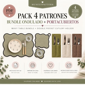 Puede incluir: Un paquete de patrones de costura en PDF titulado PACK 4 PATRONES BUNDLE ONDULADO + PORTACUBIERTOS. Incluye diseños para manteles individuales ondulados, posavasos y portacubiertos de doble bolsillo en tela oliva, beige y marrón.