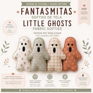 Symönster för spökmjukisdjur i PDF-format | Mönster för Halloween-tygspöken | Mönster för litet spöke i plysch | Mönster för tygspöken