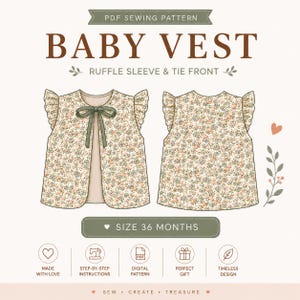 Puede incluir: Un patrón de costura en PDF para un chaleco de bebé con mangas de volantes y lazo frontal. La ilustración muestra vistas frontal y trasera de un chaleco con estampado floral y cinta verde. El texto dice "PDF SEWING PATTERN", "BABY VEST", "RUFFLE SLEEVE & TIE FRONT" y "SIZE 36 MONTHS".