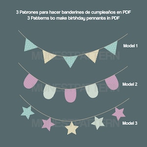 Puede incluir: Tres patrones imprimibles para hacer banderines de cumpleaños. Los patrones incluyen una hilera de banderas con lunares, rayas y un color sólido. El segundo patrón es una hilera de banderas con lunares, rayas y un color sólido. El tercer patrón es una hilera de estrellas con lunares, rayas y un color sólido.