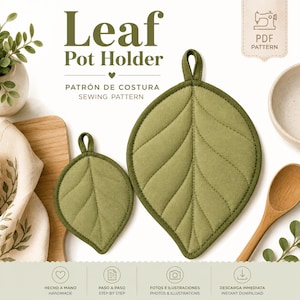 Puede incluir: Un patrón de costura para agarradera en forma de hoja, con el texto Leaf Pot Holder, PDF Pattern y Sewing Pattern. La imagen muestra dos agarraderas de color verde oliva con forma de hoja, detalles de nervaduras acolchadas y lazos.