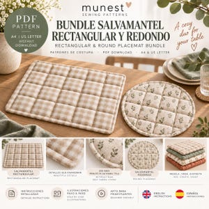 Può includere: Un pacchetto di cartamodelli digitali per tovagliette rettangolari e rotonde. L'immagine mostra una tovaglietta rettangolare trapuntata con motivo a quadretti beige e una tovaglietta rotonda trapuntata con una piccola stampa di foglie verdi.