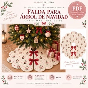 May include: A digital sewing pattern for a scalloped Christmas tree skirt featuring a cream-colored fabric with a red and green berry print. The skirt includes two red ribbon bows for closure and is displayed under a decorated Christmas tree.