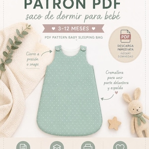 May include: A sage green baby sleeping bag PDF sewing pattern by Munest. The design features white polka dots, snap closures, and a zipper. The document includes instructions for sizes 3-12 months, printable on A4 or US letter paper for home use.