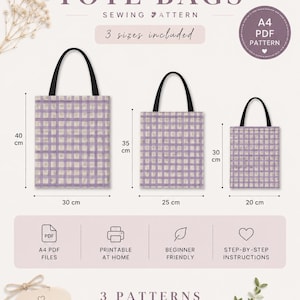 Puede incluir: Un patrón de costura para tres bolsas de tela básicas en tres tamaños, con un estampado de cuadros morados y blancos. El patrón incluye archivos PDF A4, imprimibles en casa, e instrucciones paso a paso. Dimensiones: 40cm por 30cm, 35cm por 25cm y 30cm por 20cm.