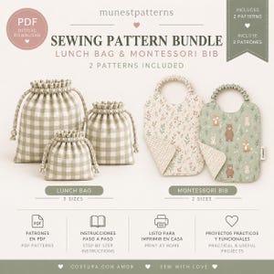Può includere: Un pacchetto di cartamodelli digitali per una borsa da pranzo e un bavaglino Montessori. L'immagine mostra tre sacchetti con coulisse in un motivo a quadretti vichy beige e bianco e due bavaglini con stampe floreali e di animali, con etichette.