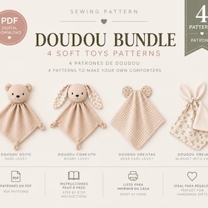 Puede incluir: Un paquete de patrones de costura para cuatro peluches, titulado DOUDOU BUNDLE. La imagen muestra cuatro diseños de doudous en color beige: un oso, un conejito, un cuadrado con orejas de oso y una manta con estampado floral y orejas.