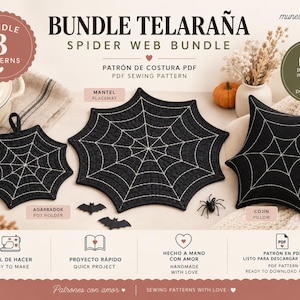 Puede incluir: Un paquete de patrones de costura en PDF titulado BUNDLE TELARAÑA SPIDER WEB BUNDLE que incluye tres artículos de tela negra con costuras de telaraña blancas: un agarrador, un mantel individual y un cojín, junto a una araña blanca y dos murciélagos.