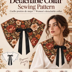 May include: A sewing pattern for a detachable collar featuring a dark fabric with a floral print of red, orange, and cream flowers. The collar has a pointed shape and a black ribbon bow at the center. Text includes Detachable Collar Sewing Pattern.