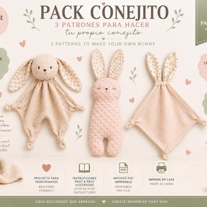 Puede incluir: Un conjunto de patrones digitales titulado PACK CONEJITO con tres diseños de conejitos. La imagen muestra una manta de seguridad de muselina beige, un conejito de peluche rosa texturizado y una manta de seguridad rosa, todo con texto.