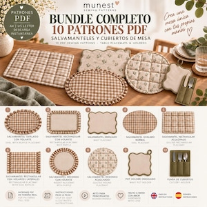 May include: A digital bundle of 10 PDF sewing patterns for table placemats and cutlery holders. The image displays various quilted and fabric placemats in beige, brown, and green with gingham and floral prints, labeled with numbers 1 through 10.