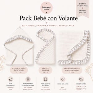 Puede incluir: Un patrón de costura titulado Pack Bebe con Volante que incluye una toalla de baño con capucha, un arrullo y una manta con volante. Cada pieza es de color crema con un borde floral gris. El patrón incluye medidas de 1 x 1 metro.