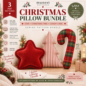 Puede incluir: Un paquete de patrones de costura digitales titulado Christmas Pillow Bundle de Munest Patterns. Incluye instrucciones para un cojín de estrella roja, un cojín de árbol de Navidad a rayas rojas y blancas y un cojín de bastón de caramelo a cuadros, 40 cm.