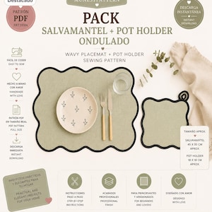 Puede incluir: Un patrón de costura digital para un salvamantel y un agarrador ondulados, titulado PACK SALVAMANTEL + POT HOLDER ONDULADO. El salvamantel mide 45 por 30 cm y el agarrador 18 por 18 cm, confeccionados en tela verde salvia con borde negro.