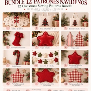 Christmas Sewing Pattern Bundle PDF, 12 Christmas Patterns, Tree Skirt, Tote Bags, Stocking, Pillows, Garland, Star Kitchen Set
