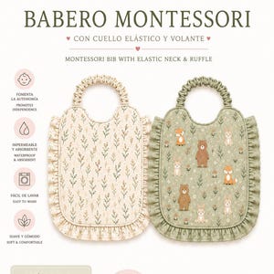 Puede incluir: Dos patrones de costura para baberos Montessori con cuello elástico y volante. Un babero presenta tela color crema con pequeñas ramas verdes, el otro es verde salvia con un estampado de osos, zorros y conejos. El texto incluye "munestpatterns" y "BABERO MONTESSORI".