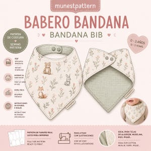 Puede incluir: Un patrón de costura digital para un babero tipo bandana con tela color crema y un estampado repetitivo de pequeñas flores rosas, hojas verdes, un oso marrón, un conejo gris y un zorro. Incluye instrucciones para edades de 0 a 3 años.