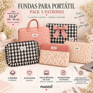 Könnte beinhalten: Ein Set aus fünf gesteppten Laptoptaschen für 39-40 cm Laptops mit verschiedenen Blumen- und schwarz-weißen Vichy-Mustern. Einige Designs enthalten Rüschen oder eine Schleife. Jede Tasche hat ein kleines weißes Etikett mit dem Text munest.