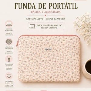 Puede incluir: Un patrón de costura para una funda de portátil de 33 cm con tela rosa claro y estampado floral pequeño. El documento incluye texto como munestpatterns, Funda de Portátil y Laptop Sleeve - Simple & Padded, junto con iconos para características como cremallera superior y construcción acolchada.