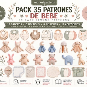 Pacchetto di 35 modelli di cucito per neonati in formato PDF | Bavaglini, copertine, peluche e accessori | Modelli stampabili in formato A4 | Download immediato