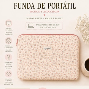 Puede incluir: Un patrón de costura para una funda de portátil de 15.6 pulgadas de munestpatterns. El documento incluye texto en español e inglés, detallando un diseño de funda acolchada con cremallera, instrucciones paso a paso e ilustraciones.
