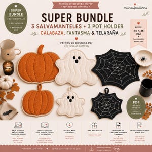 Könnte beinhalten: Ein PDF-Schnittmuster-Super-Bundle mit Anleitungen für drei Untersetzer und drei Topflappen in Kürbis-, Geister- und Spinnennetzform. Der Text enthält Super Bundle, 3 Salvamanteles + 3 Pot Holder, Calabaza, Fantasma & Telaraña und 40 x 35 cm.