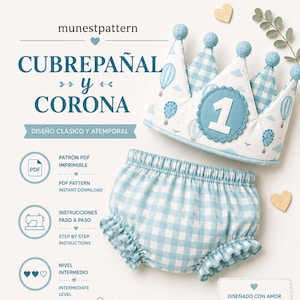 Puede incluir: Un patrón PDF imprimible para una corona y un cubrepañal de bebé. La corona es de color azul claro y blanco con gráficos de globos aerostáticos y un parche con el número uno. El cubrepañal presenta un estampado de cuadros vichy con volantes.