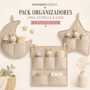 May include: A set of three beige fabric wall organizers in the shapes of a crescent moon, a star, and a rectangle. The text reads munestpattern PACK ORGANIZADORES LUNA, ESTRELLA & CUNA 3 ORGANIZERS PACK. Each organizer features pockets holding small items.