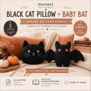 Black Cat Pillow & Baby Bat Sewing Pattern Bundle, Halloween PDF Pattern, Cat Cushion Pattern, Bat Plush Pattern, Spooky Sewing