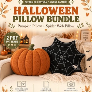 Puede incluir: Un paquete de patrones de costura digitales titulado Halloween Pillow Bundle que incluye un cojín de calabaza y un cojín de telaraña. La imagen contiene texto para 2 patrones PDF, instrucciones ilustradas, patrón a tamaño real y tutorial.