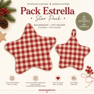 Puede incluir: Un patrón de costura titulado Pack Estrella Star Pack para un salvamantel y una manopla en forma de estrella. Los artículos tienen un estampado de cuadros vichy rojo y blanco. La imagen incluye texto para descarga PDF e instrucciones.