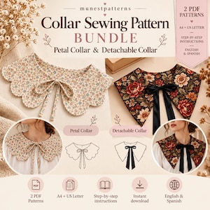 May include: A digital sewing pattern bundle for a petal collar and a detachable collar. The image displays two finished collars: one with a small floral print and scalloped edges, and one with a dark floral pattern and black ribbon ties.