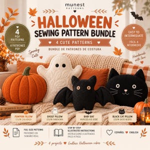 Halloween Sewing Pattern Bundle, Pumpkin Pillow, Ghost Pillow, Baby Bat & Black Cat PDF Patterns, Cute Spooky Decor