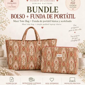 Mönsterpaket för maxi-tygväska och laptopfodral i PDF-format | Mönster för vadderat laptopfodral | Mönster för väska | 2 PDF-mönster