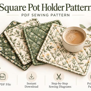 May include: Square Pot Holder Pattern PDF Sewing Pattern. Three square quilted pot holders with green and cream floral patterns, one topped with a ceramic mug. Text includes A4 PDF File, Instant Download, Step-by-Step Sewing Diagrams, Printable Pattern.