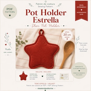 Puede incluir: Un patrón de costura en PDF para un agarrador de ollas con forma de estrella. El diseño presenta una estrella de terciopelo rojo con un lazo para colgar, que mide aproximadamente 20 cm. Incluye instrucciones ilustradas y margen de costura.