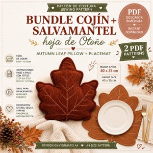 Puede incluir: Un paquete de patrones de costura para un cojín y un salvamantel con forma de hoja de otoño. La imagen muestra un cojín de pana rojo oscuro y un salvamantel marrón con un plato blanco, un tenedor y un cuchillo. Incluye el texto BUNDLE COJÍN.