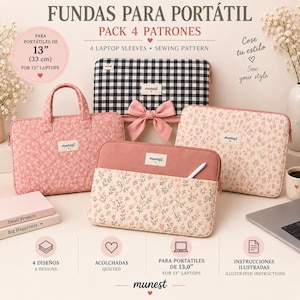 Può includere: Un set di quattro custodie trapuntate per laptop da 13 pollici, con vari motivi floreali e a quadretti e un fiocco rosa. Ogni custodia presenta l'etichetta munest. Il testo recita: FUNDAS PARA PORTÁTIL, PACK 4 PATRONES, 4 LAPTOP SLEEVES, SEWING PATTERN, Cose tu estilo, Sew your style, 4 DISEÑOS, ACOLCHADAS, PARA PORTÁTILES DE 13,0, INSTRUCCIONES ILUSTRADAS.