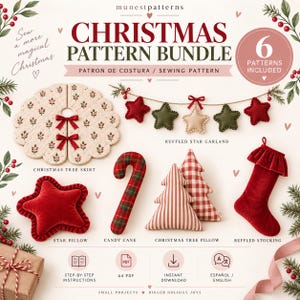Peut inclure: Un ensemble de patrons de couture de Noël par munestpatterns comprenant six projets : une jupe de sapin festonnée, une guirlande d'étoiles, un coussin étoile rouge, une canne en sucre à carreaux, deux coussins sapins et une chaussette à volants.
