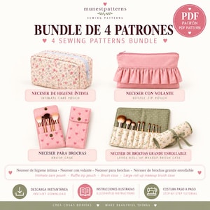 Pode incluir: Um conjunto de moldes de costura digitais com quatro estojos distintos: um estojo retangular floral, um estojo rosa com folhos e fecho, um estojo para pincéis rosa com corações e um organizador de pincéis floral enrolável com etiquetas.