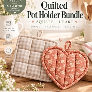 May include: A digital sewing pattern for a quilted pot holder bundle featuring a square pot holder in a beige and white gingham check and a heart-shaped pot holder in a rust-colored fabric with a small white floral print, both with hanging loops.