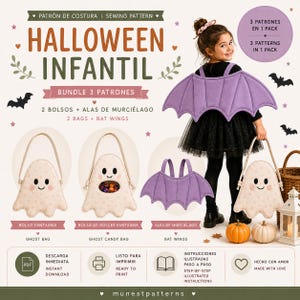 May include: A digital sewing pattern bundle for Halloween featuring three designs: a ghost-shaped bag, a ghost-shaped candy bag with a clear window, and a pair of purple bat wings. The text includes HALLOWEEN INFANTIL, 3 PATTERNS IN 1 PACK, and munestpatterns.