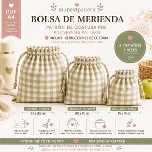 Puede incluir: Un patrón de costura PDF para bolsa de merienda, con tres bolsas de cordón en estampado de cuadros vichy verde salvia y blanco. El texto incluye 'BOLSA DE MERIENDA', 'PDF SEWING PATTERN' y medidas de 30x25 cm, 20x15 cm y 15x10 cm.