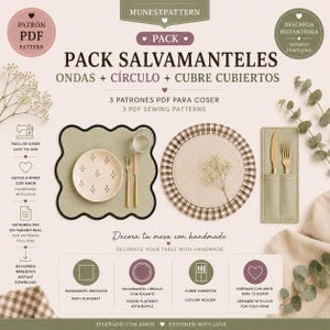 Puede incluir: Un paquete de patrones de costura digitales titulado MUNESTPATTERN PACK SALVAMANTELES que incluye tres diseños: un salvamanteles ondulado, un salvamanteles redondo con volante y un cubrecubiertos rectangular. La imagen contiene texto en español e inglés.