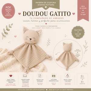 Puede incluir: Un patrón de costura para un doudou con forma de gatito beige, titulado DOUDOU GATITO. El diseño presenta una cabeza de gato con detalles faciales bordados y un cuerpo de tela con nudos. Incluye texto para descarga digital e instrucciones.
