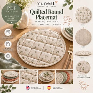 Può includere: Un cartamodello digitale in PDF per una tovaglietta rotonda trapuntata. Il design presenta un tessuto beige con una piccola stampa di foglie verdi, una trapuntatura a griglia e una forma circolare. Il documento include istruzioni.